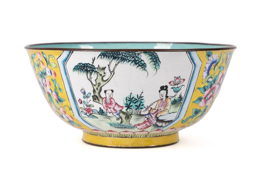 CHINESE CANTON IMPERIAL YELLOW ENAMELED BOWL: Chinese. Canton enameled bowl having a turquoise ground interior, Imperial yellow body with florals, bats, and butterflies, and figural reserves, apparently unmarked. Approximate dimensions: h. 2.75",