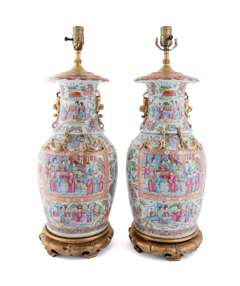 PAIR CHINESE ROSE MANDARIN VASE LAMPS, C. 1830 (1 of 7)