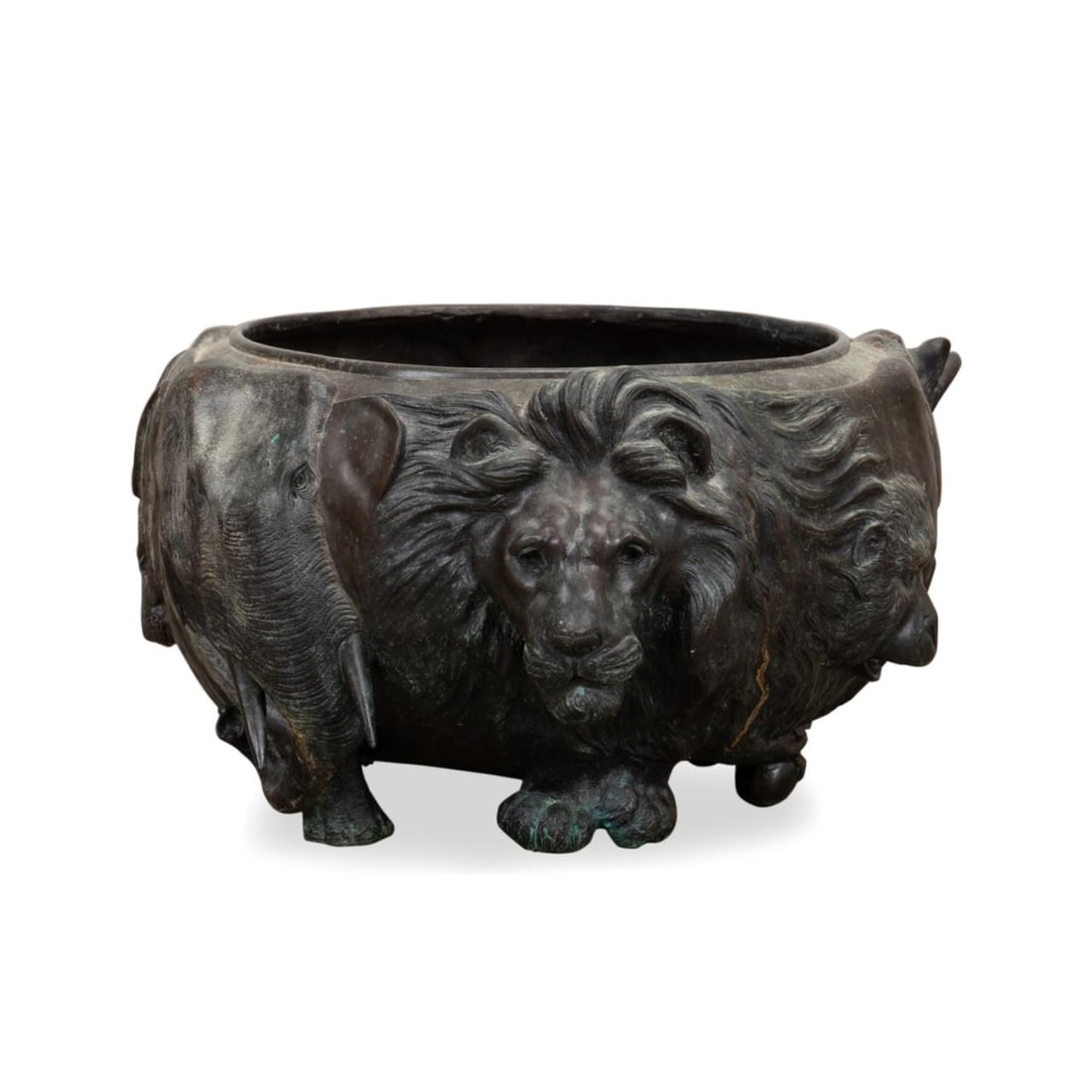 AFTER GENRYUSAI SEIYA BRONZE ZOOMORPHIC JARDINIERE: After Genryusai Seiya (Japanese, 1868-1912), likely Meiji era, late 19th to early 20th century. Bronze zoomorphic jardiniere, depicting multiple animals, seal mark in mold to the underside. Approximat