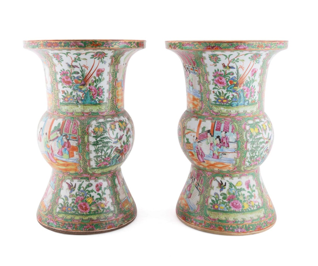 PAIR CHINESE EXPORT ROSE MEDALLION GU VASES (1 of 11)