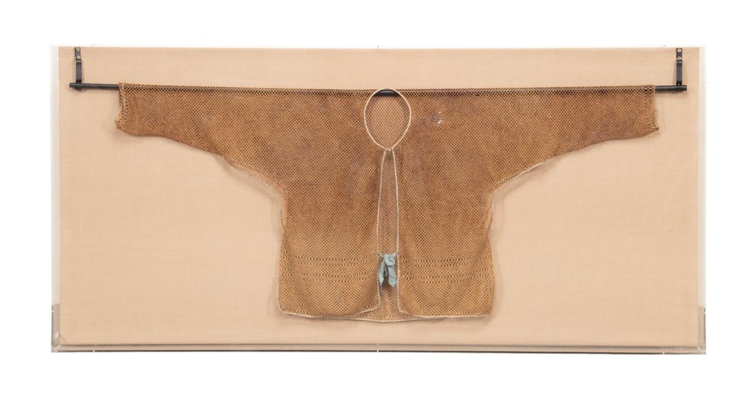 CHINESE QING BAMBOO JACKET IN PLEXIGLASS CASE: Chinese, circa 1900. Qing era jacket or undergarment, composed of small circular bamboo segments, in Plexiglass case, apparently unmarked. Note: Garments such as this were worn during hotter months to