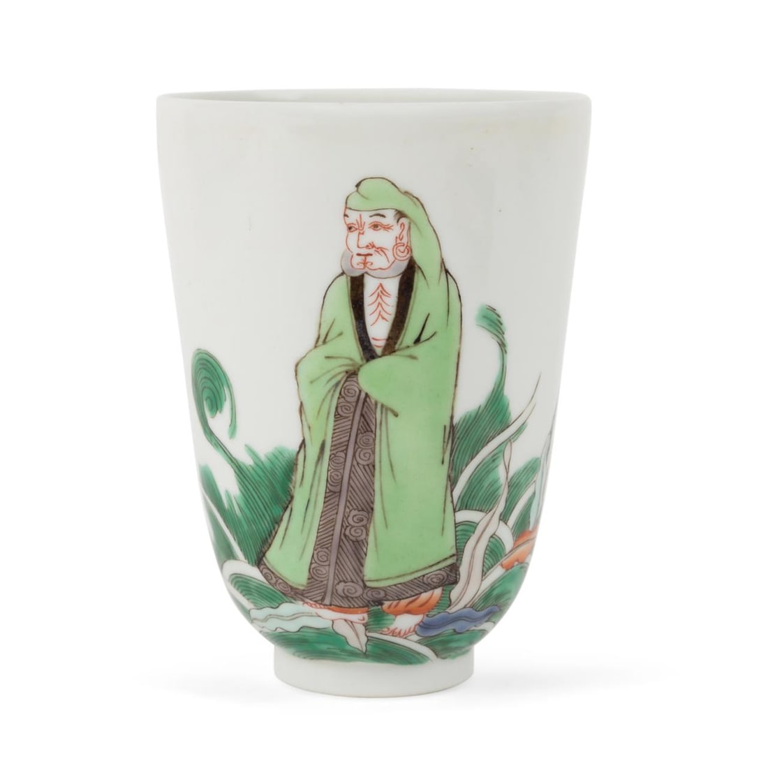 DIMINUTIVE CHINESE FAMILLE VERTE VASE: Diminutive Chinese Famille Verte vase, depicting one of the first 18 louhan walking across the ocean on strewn leaves, with a colophon and seal verso, apparently unmarked. Approximate dimensions: h. 4