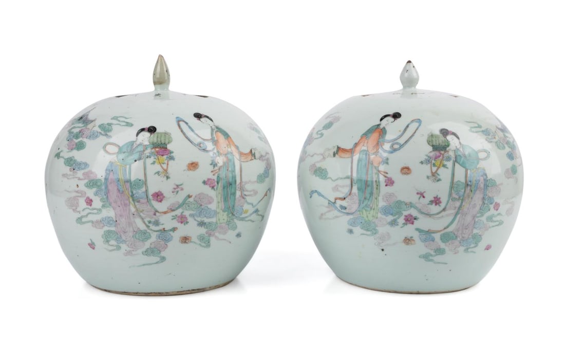 PAIR CHINESE FAMILLE ROSE LIDDED JARS (1 of 7)
