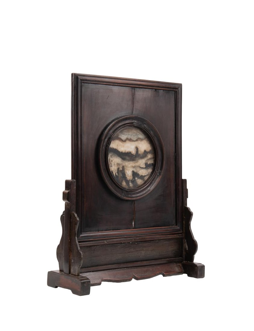 CHINESE CIRCULAR DREAMSTONE PLAQUE ON STAND (1 of 6)