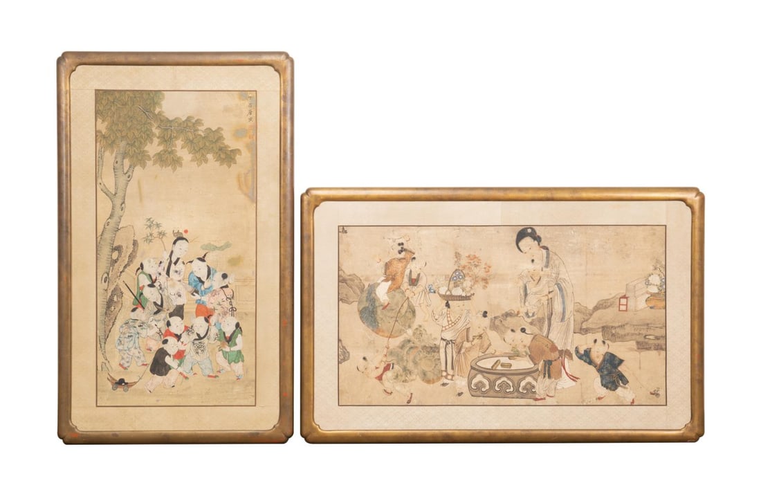 TWO CHINESE GOUACHE & INK 100 BOY PAINTINGS (1 of 7)