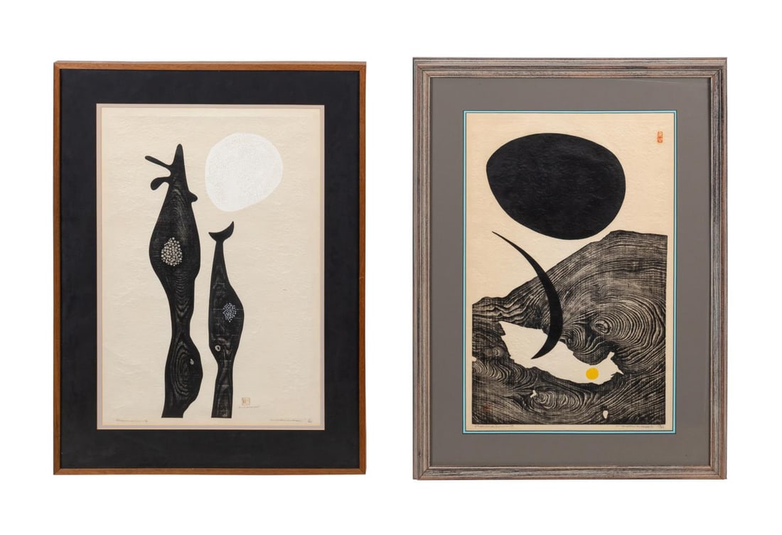 TWO HAKU MAKI EMBOSSED WOOKBLOCK PRINTS, BLACK (1 of 11)