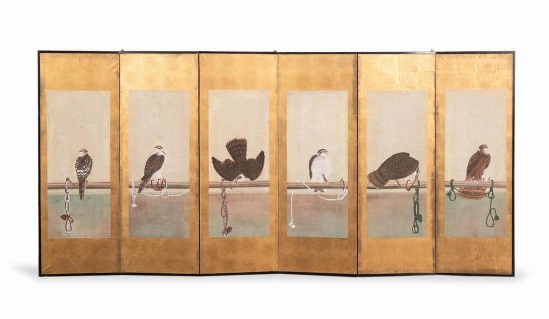JAPANESE 6-PANEL BYOBU SCREEN, TETHERED HAWKS (1 of 5)