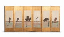 JAPANESE 6-PANEL BYOBU SCREEN, TETHERED HAWKS
