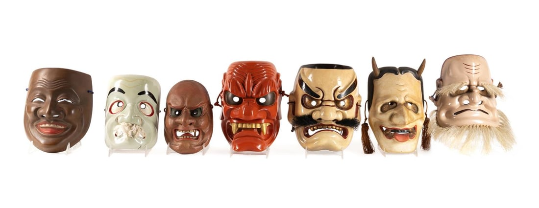 SEVEN JAPANESE CLAY AND WOODEN NOH THEATER MASKS (1 of 9)