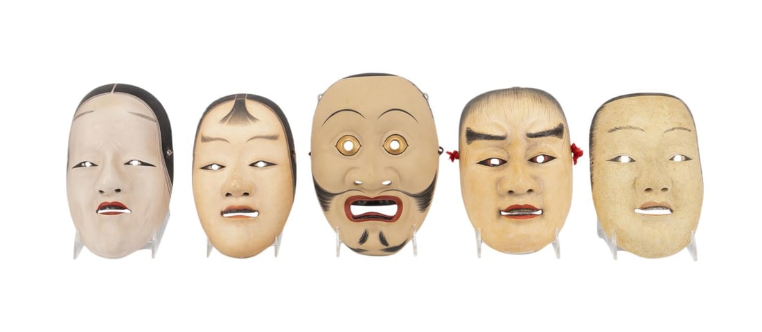 FIVE JAPANESE CLAY AND WOODEN NOH THEATER MASKS (1 of 5)