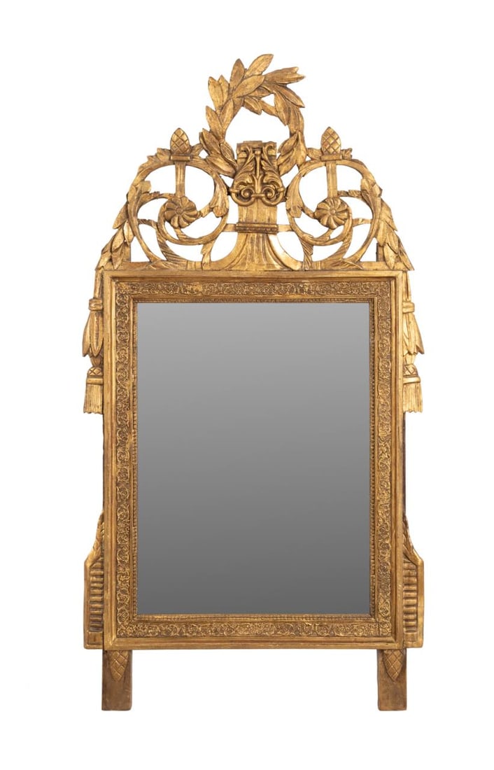 18TH C. LOUIS XVI LYRE CREST GILTWOOD MIRROR (1 of 4)