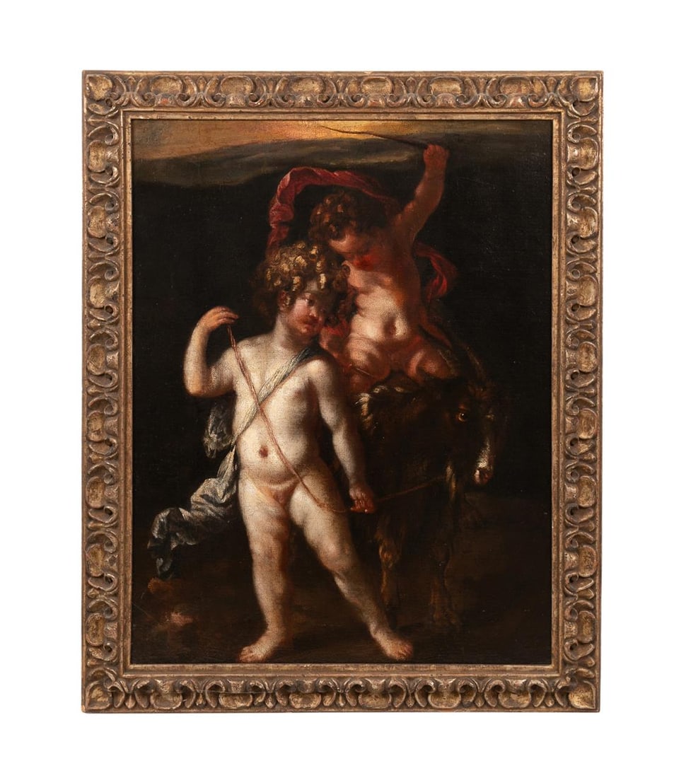 18TH C. OLD MASTER O/C, TWO CHERUBS AND GOAT (1 of 4)