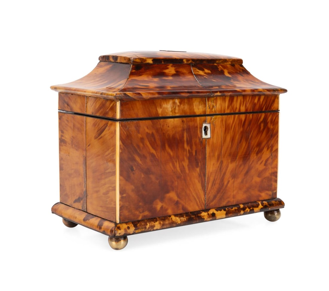 19TH C. BRITISH SHELL VENEER RECTANGULAR TEA CADDY (1 of 9)