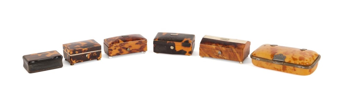 COLLECTION OF SIX MAINLY SHELL VENEER SNUFF BOXES (1 of 7)