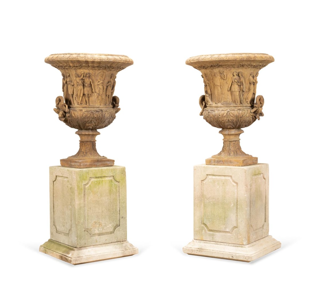 PAIR CLASSICAL STYLE CERAMIC URNS ON PEDESTALS (1 of 8)