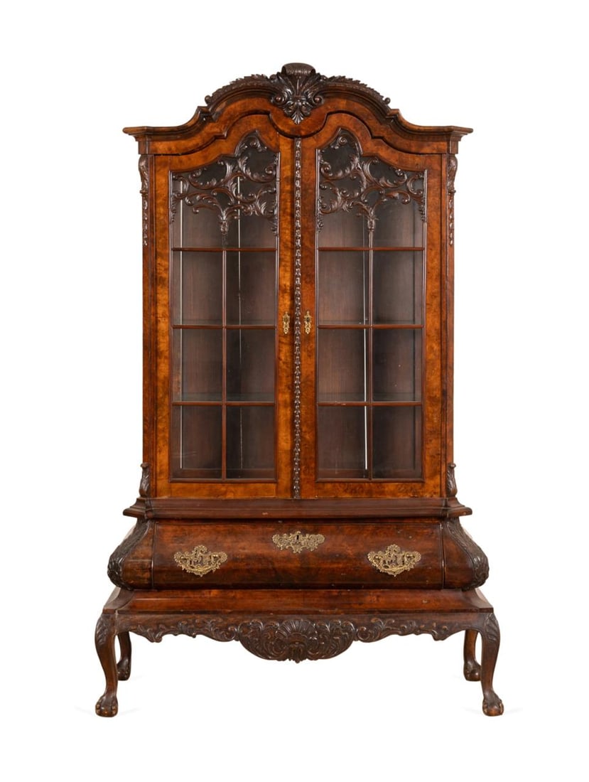 ANTIQUE DUTCH BURL BOMBE VITRINE CABINET (1 of 6)