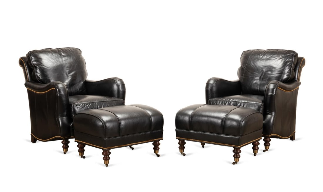 PAIR, BLACK LEATHER CLUB CHAIRS & OTTOMANS (1 of 8)