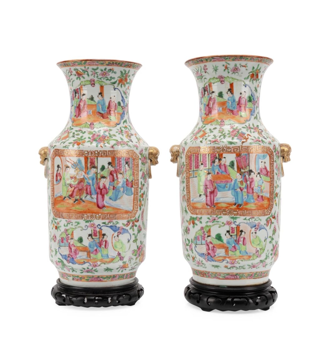 PR 19TH C. CHINESE ROSE MANDARIN VASES ON STANDS (1 of 10)