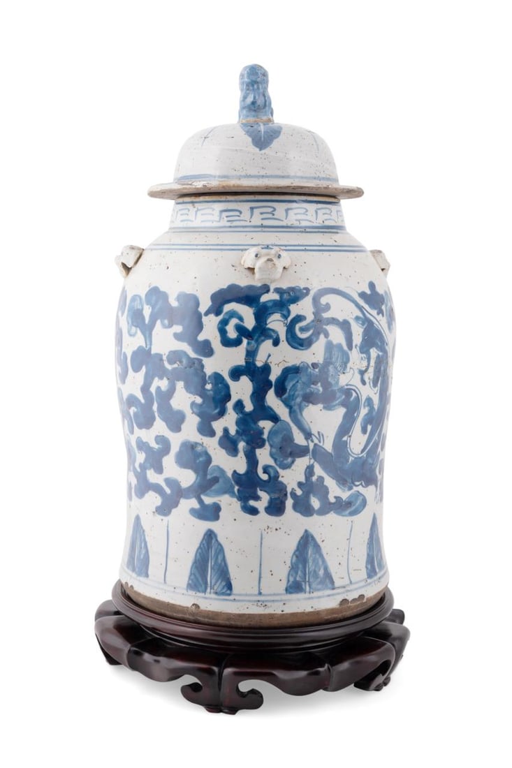 CHINESE BLUE & WHITE DRAGON GINGER JAR ON STAND (1 of 6)