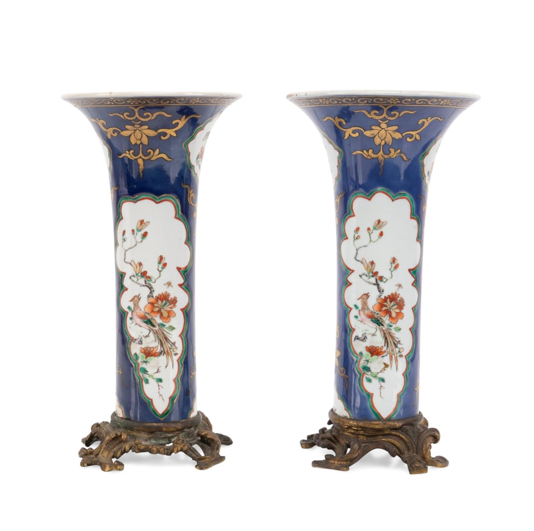 PAIR CHINESE POWDER BLUE EXOTIC BIRD BEAKER VASES (1 of 6)
