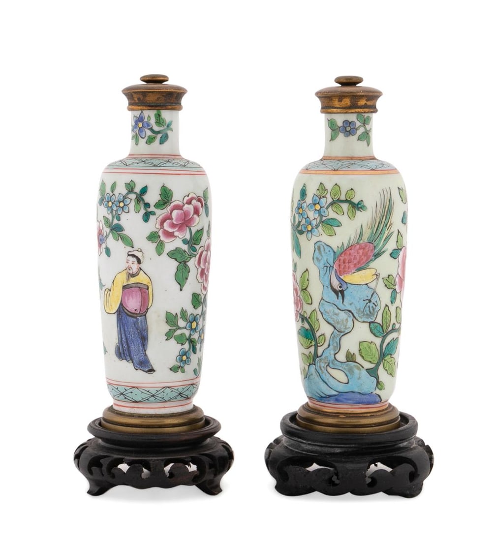 PAIR, CHINESE SMALL FLORAL MOTIF VASES, W/ STANDS (1 of 5)