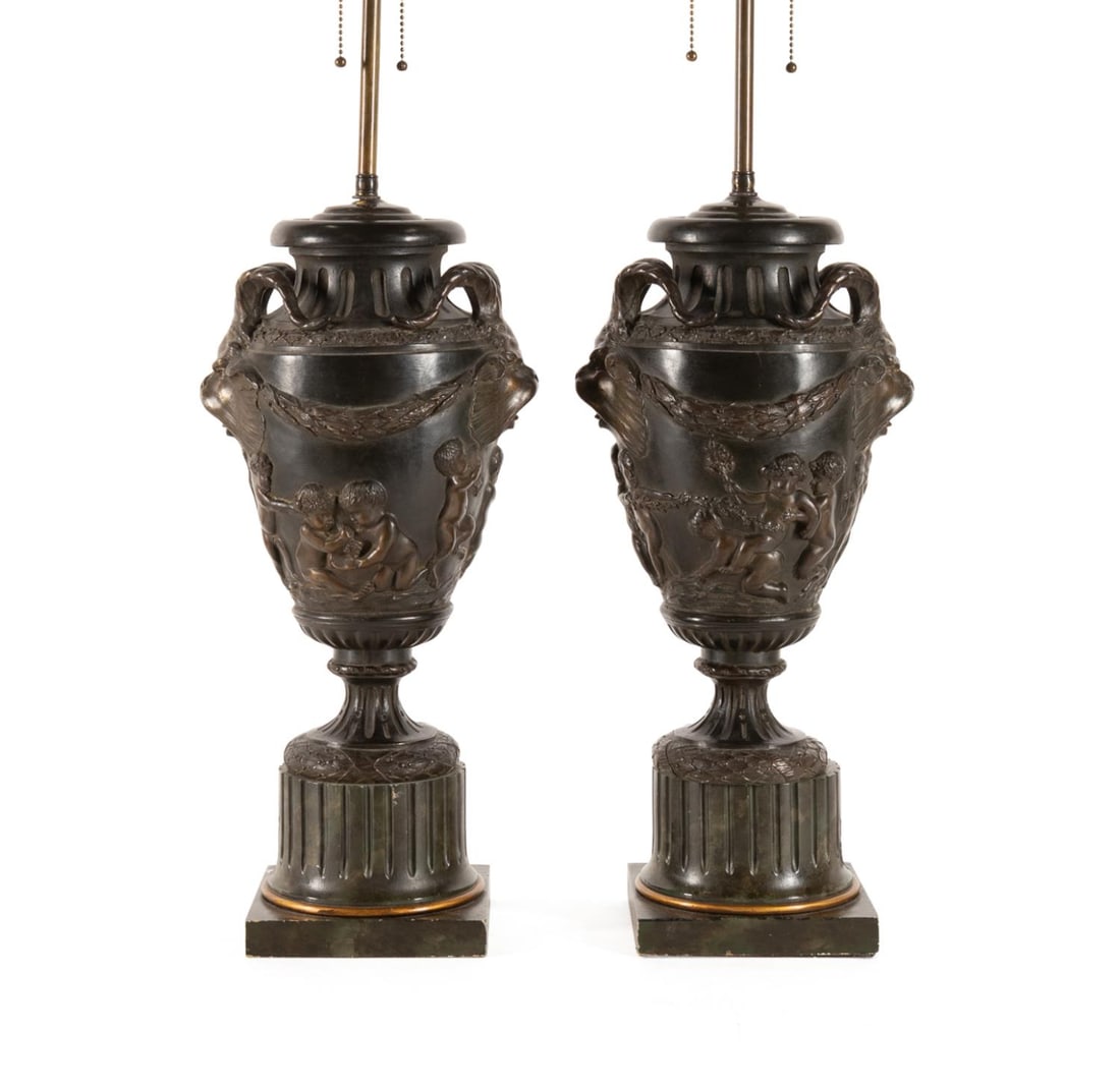 PAIR, 19TH C. FRENCH URN LAMPS, MANNER OF CLODION (1 of 7)