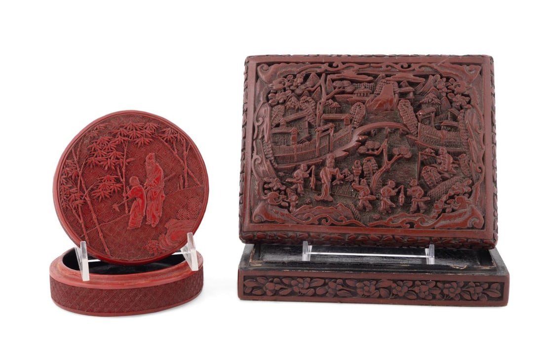 TWO CHINESE LIDDED CINNABAR RED LACQUER BOXES (1 of 8)