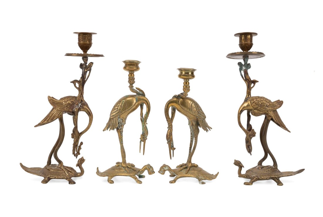 TWO PAIRS JAPANESE CRANE AND TURTLE CANDLESTICKS (1 of 8)