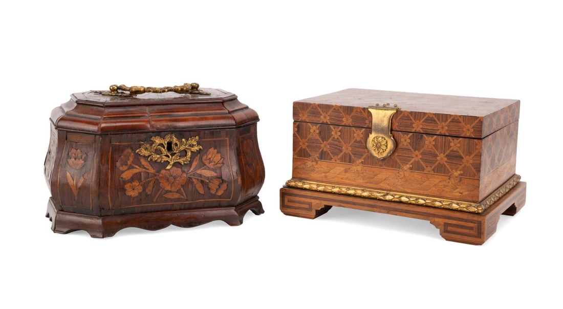 MARQUETRY INLAID TEA CADDY AND JEWELRY CASKET (1 of 8)