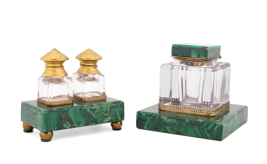 TWO RUSSIAN MALACHITE AND GILT BRONZE INK WELLS (1 of 6)