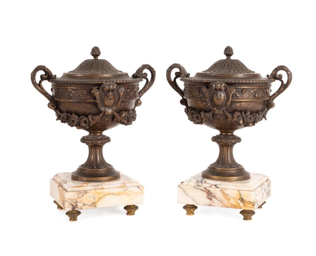PAIR ANTIQUE RENAISSANCE REVIVAL URNS, MARBLE BASE (1 of 7)