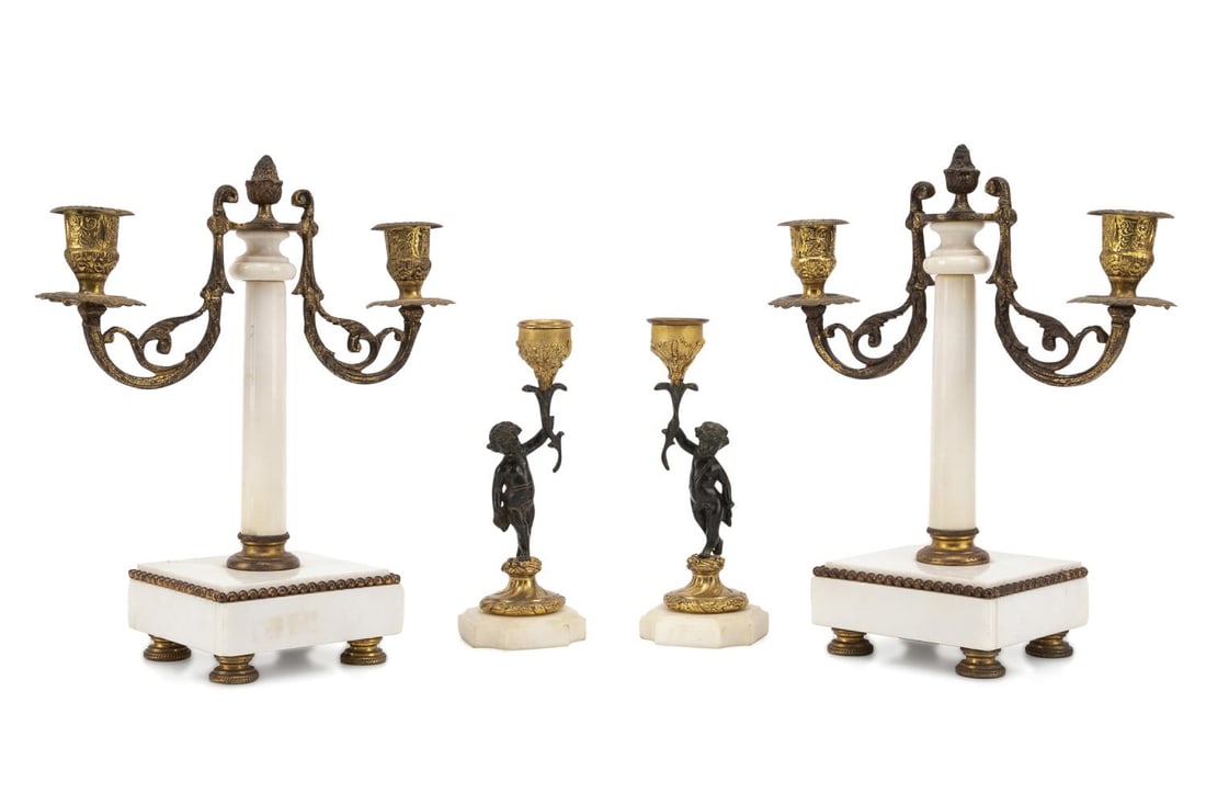 4PCS FRENCH GILT METAL & WHITE MARBLE CANDLESTICKS (1 of 9)