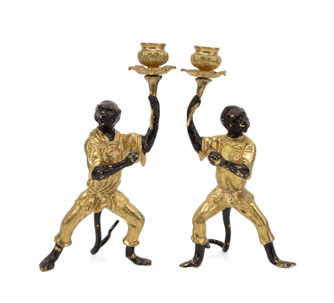 PR FRENCH SINGERIE GILT BRONZE MONKEY CANDLESTICKS (1 of 8)