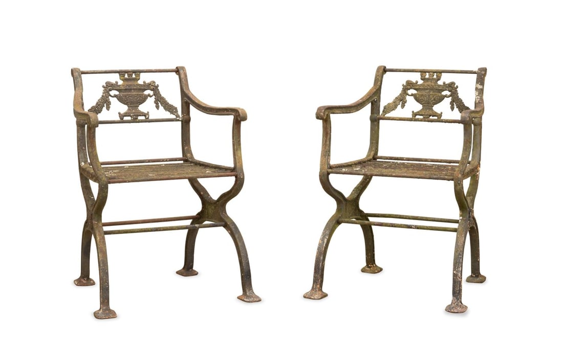 PAIR ATTRIB. W.A. SNOW CAST IRON GARDEN ARMCHAIRS: Attributed W.A. Snow Iron Works, Inc. (American, 19th/20th century), early 20th century. Pair of cast iron garden armchairs in the Neoclassical taste after a design by Karl Friedrich Schinkel (German 