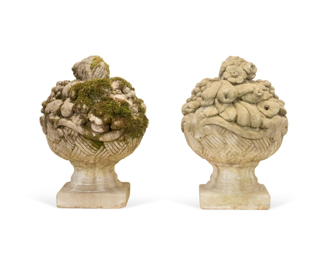 PAIR CAST STONE LOW FRUIT BASKET GARDEN ORNAMENTS (1 of 4)