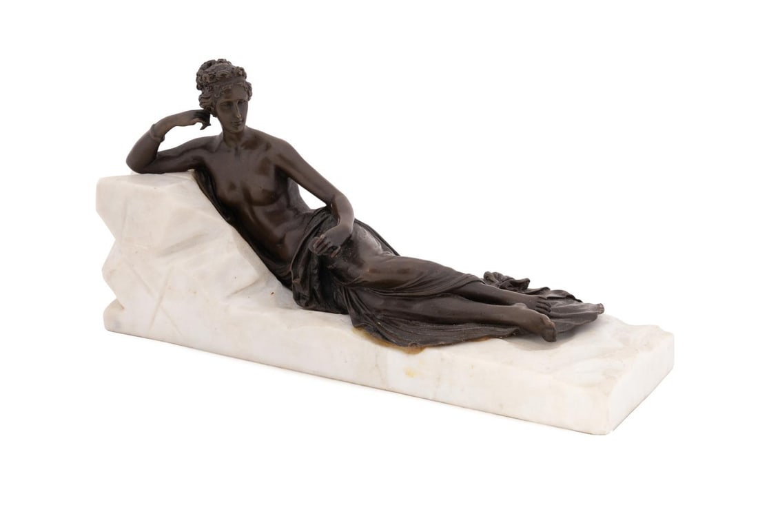 AFTER CANOVA, PAULINE BORGHESE AS VENUS, BRONZE: After Antonio Canova (Italian, 1757-1822), Italian, 20th century. Patinated bronze figure of Pauline Bonaparte Borghese modeled as the 'Venus Victrix' on a white marble base, apparently unmarked. Prov