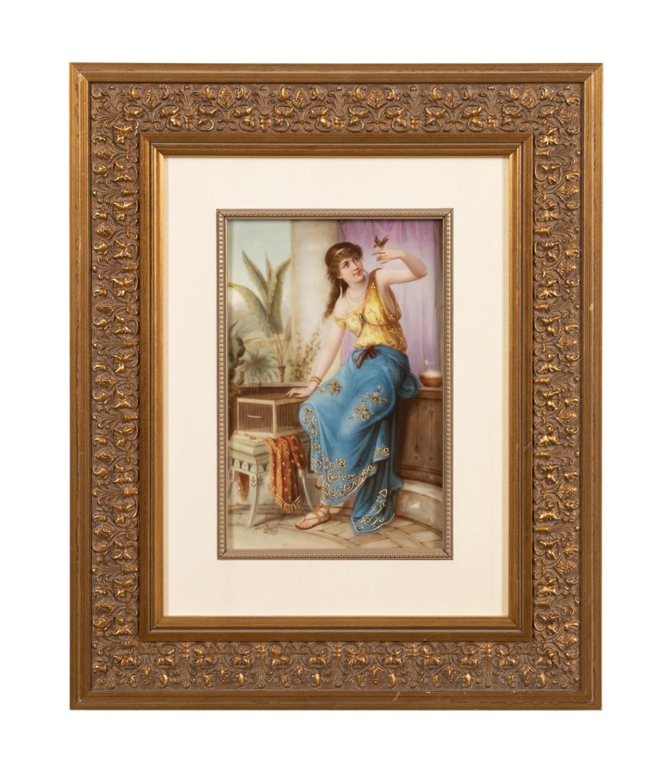 KPM BERLIN 'DARLING' FIGURE WITH BIRD PLAQUE: KPM Berlin (German, founded 1763). 'Darling', after Diana Coomans (French 1861-1952) - circa 1880-1900, hand painted porcelain plaque, maker's mark, titled, and 'Made in Germany' to verso. Framed. Pro