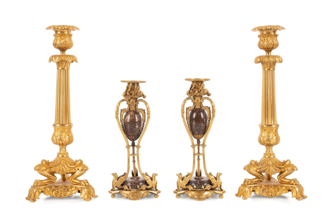 TWO PAIRS, 19TH C. FRENCH GILT BRONZE CANDLESTICKS (1 of 5)