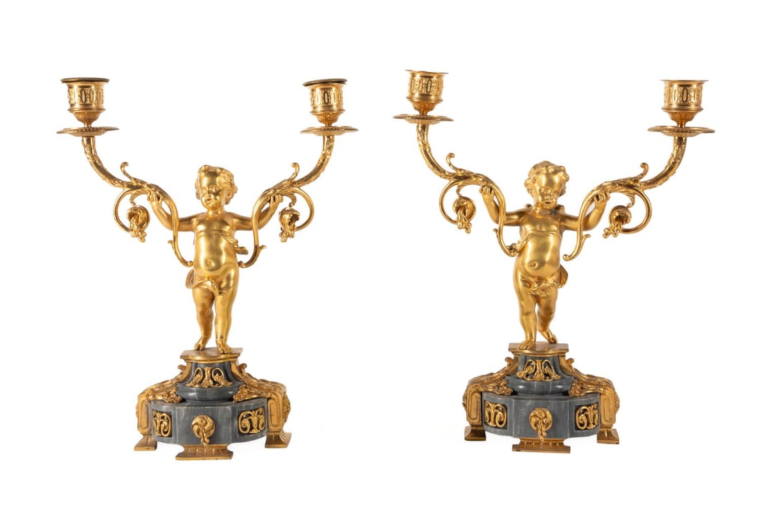 PAIR LOUIS XVI STYLE GILT BRONZE PUTTI CANDELABRA (1 of 6)