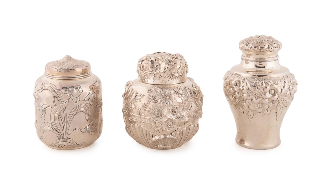 THREE AMERICAN STERLING REPOUSSE TEA CADDIES (1 of 8)