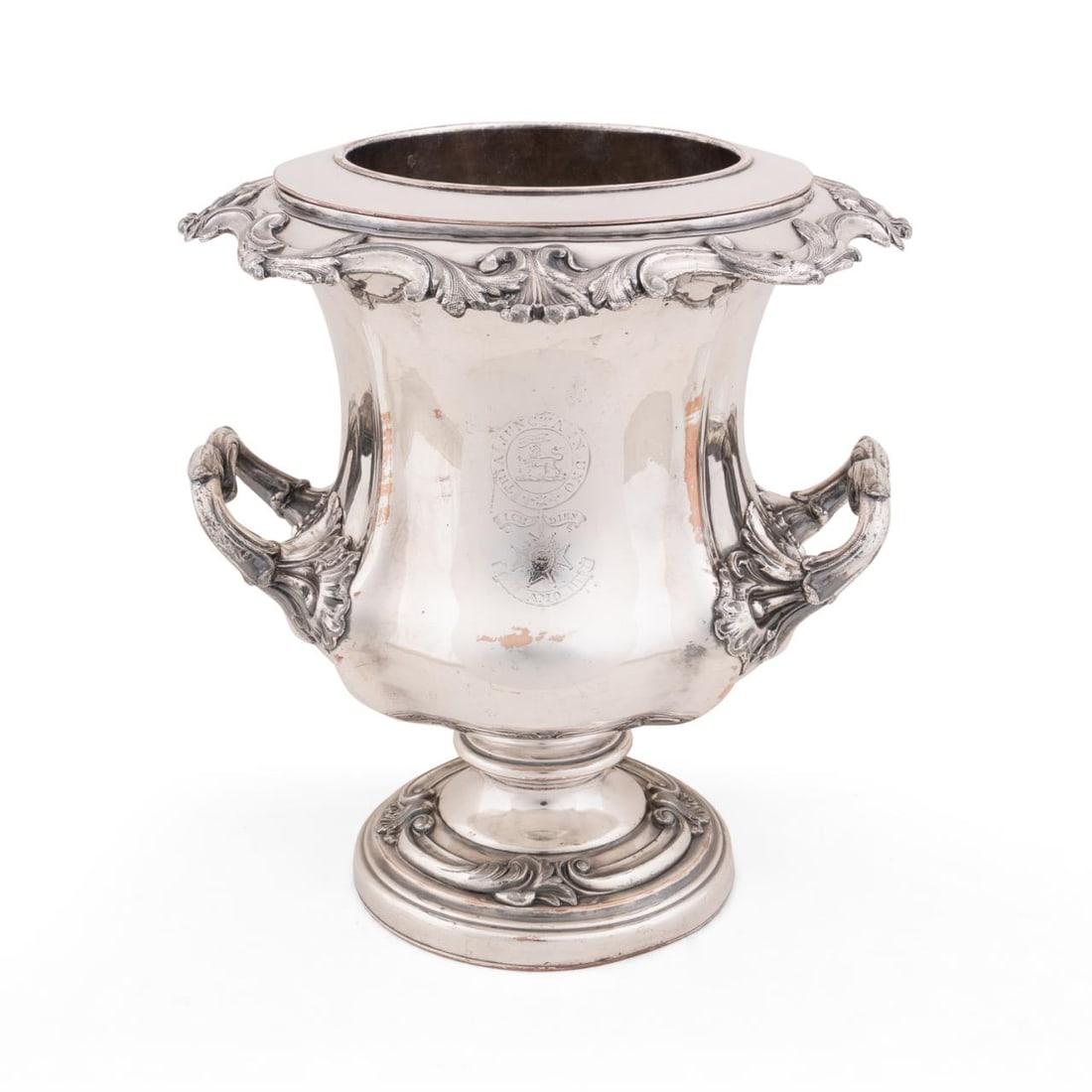 19TH C. SHEFFIELD PLATE ARMORIAL WINE COOLER: English, first half 19th century. Old Sheffield silver plate armorial wine cooler, having a compagna form, double handles, and crest of General Sir Hopetoun (or Hopton) Stratford Scott, Knight Command