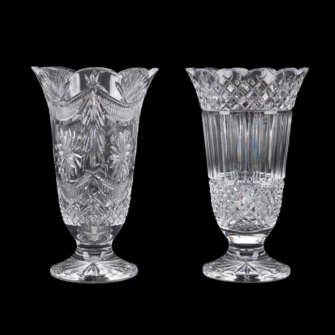 TWO WATERFORD CRYSTAL SCALLOPED FOOTED VASES (1 of 8)
