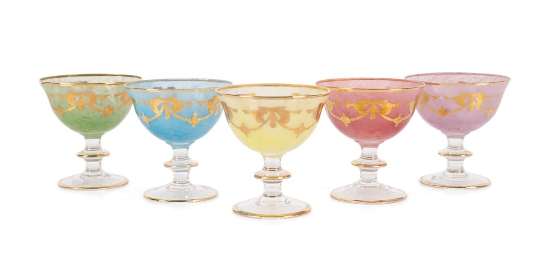 5 ITALIAN MULTI-COLOR GLASS & GILT DESSERT GOBLETS: Style of Arte Italica (Italian, founded 1997). Five 'Medici' multi color goblets / compotes / sherbets with repeating gilt swag and wreath motif, apparently unmarked. Provenance: The Collection of Dia