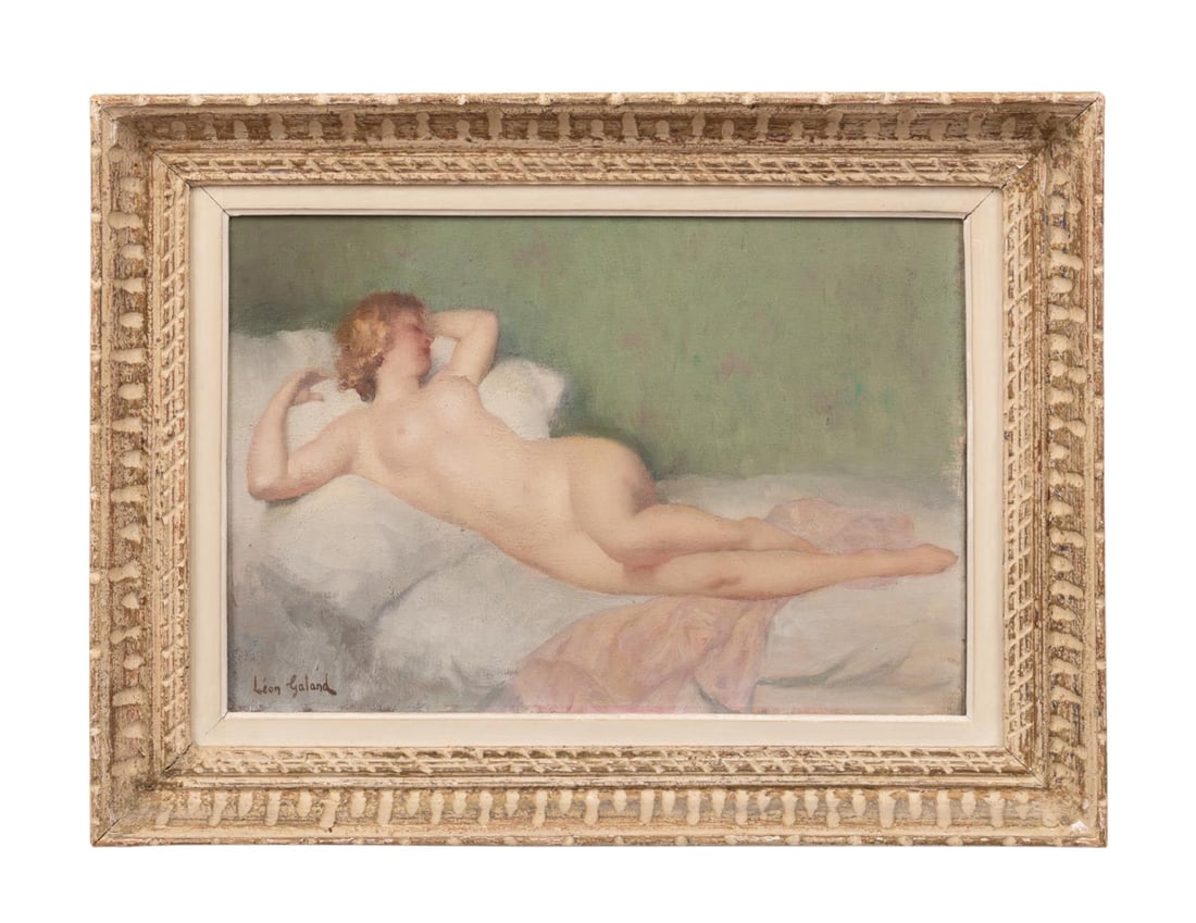 LEON GALAND, 20TH C. RECLINING NUDE WOMAN, O/C: Leon Laurent Galand (French, 1872-1960). Untitled - Reclining Nude Woman - mid 20th century, oil on canvas, signed LL. Framed. Provenance: The Collection of Diana McCluskey, Tampa, FL. Approximate dim