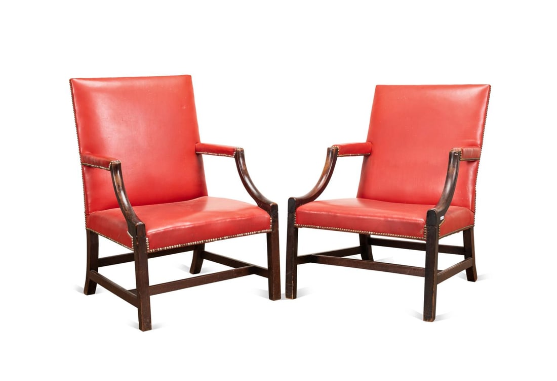 TWO GEORGE III STYLE RED LEATHER ARM CHAIRS (1 of 6)