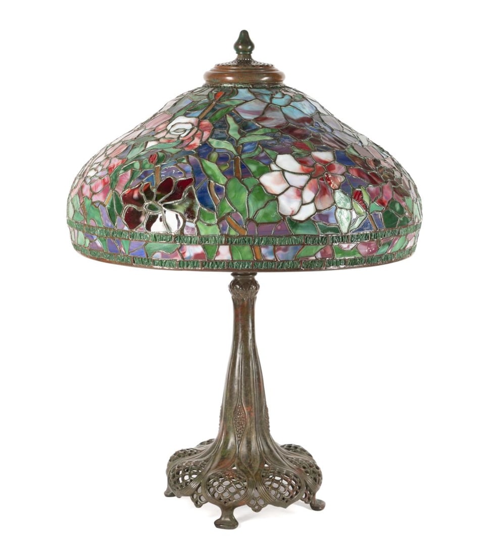 TIFFANY STYLE PEONY STAINED GLASS & BRONZE LAMP (1 of 11)