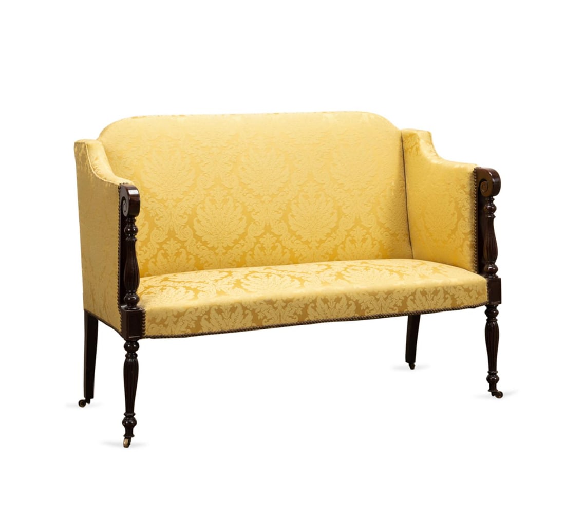 SHERATON STYLE UPHOLSTERED MAHOGANY SETTEE (1 of 6)