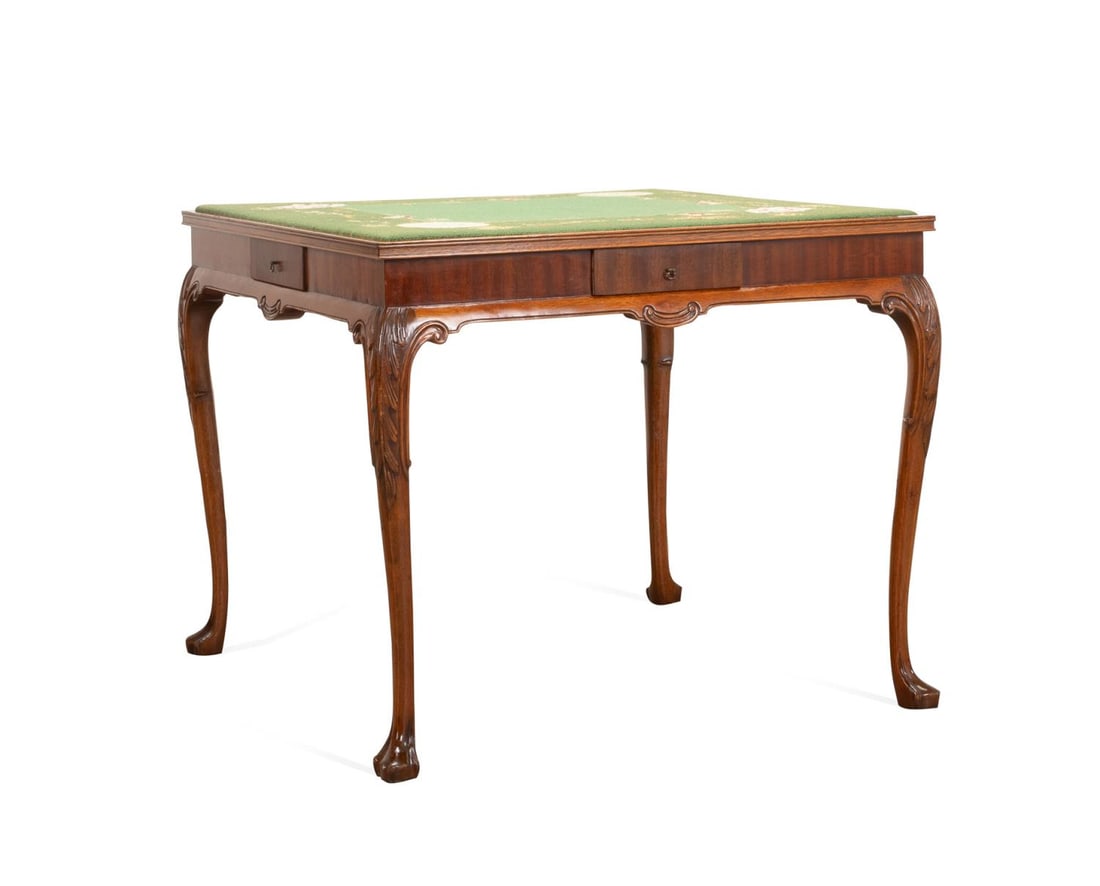QUEEN ANNE STYLE MAHOGANY NEEDLEPOINT GAME TABLE (1 of 8)