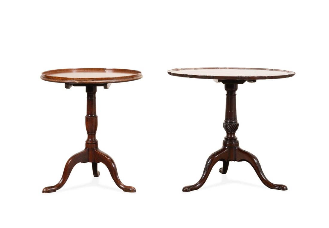 TWO ENGLISH GEORGIAN STYLE TILT-TOP TEA TABLES: English, 19th century or earlier. Group of two tilt-top mahogany tea tables in the Georgian taste, one having a piecrust edge with carved pedestal, and one having a solid gallery rail with satinwood i