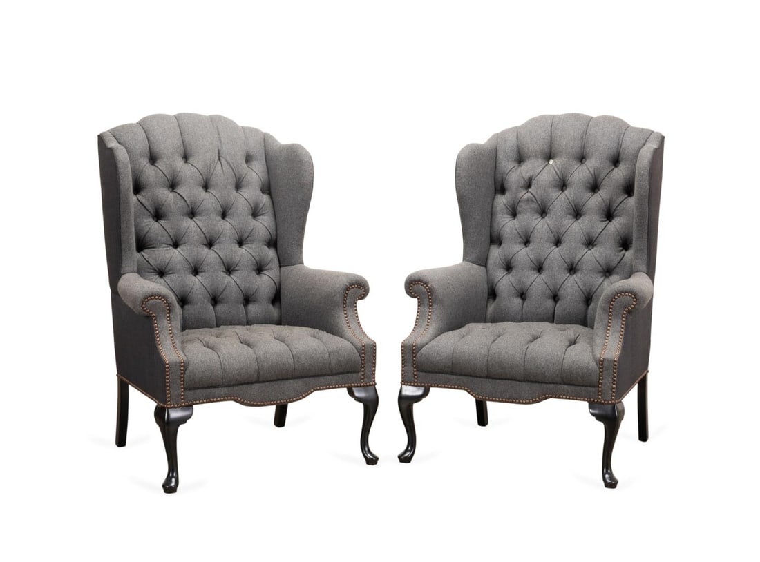 PAIR, GEORGIAN STYLE GRAY FLANNEL WINGBACK CHAIRS (1 of 7)